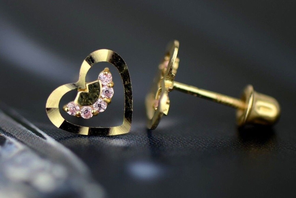 14k Solid Yellow or White Gold Heart Shape CZ Stud Earrings