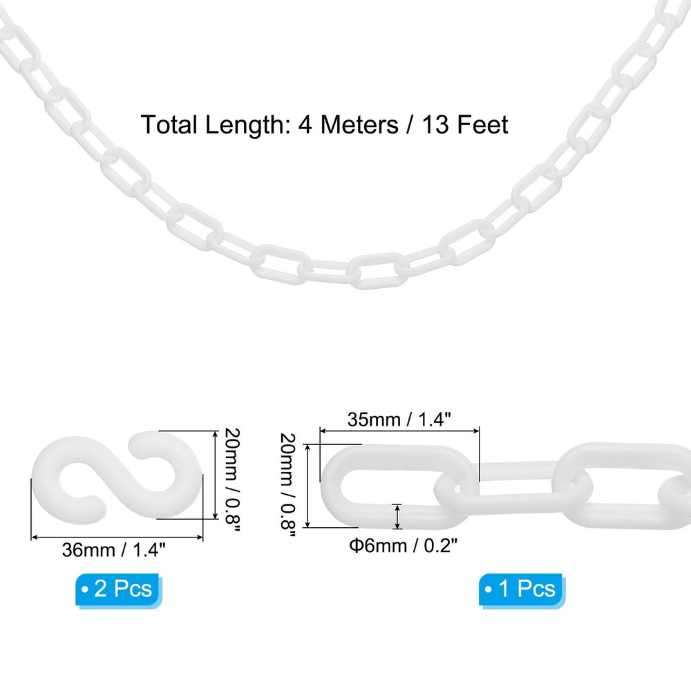 13Ft Plastic Safety Barrier Chain 2 S-Hooks, White