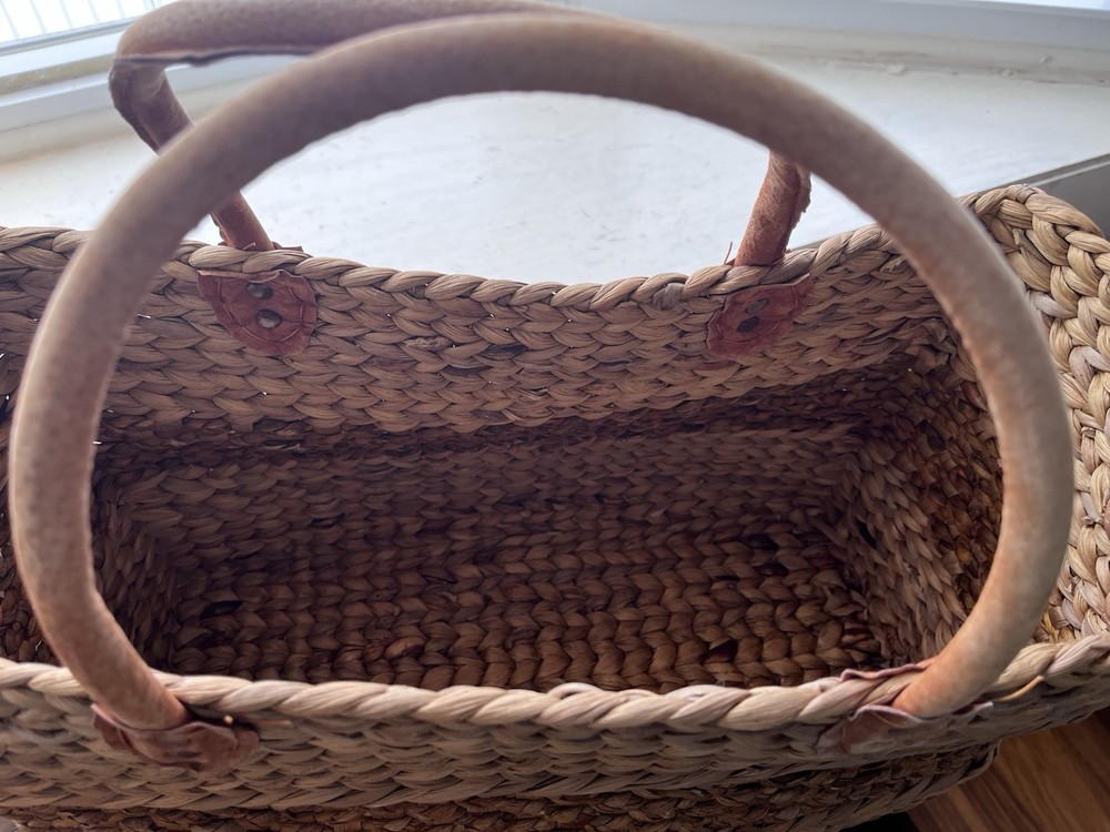 Set of 2 Large Hand Woven Rectangular Wicker Baskets with Leather Handles, Beige