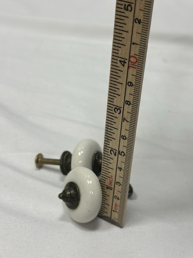 Vintage White Ceramic Drawer Pulls (Set of 2) Antique Brass Hardware Knobs
