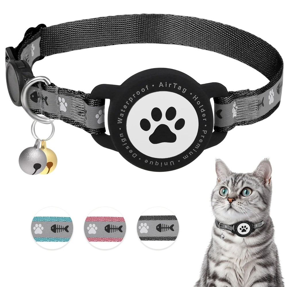 Waterproof Airtag Cat Collar, Reflective Collar with Bell, Black