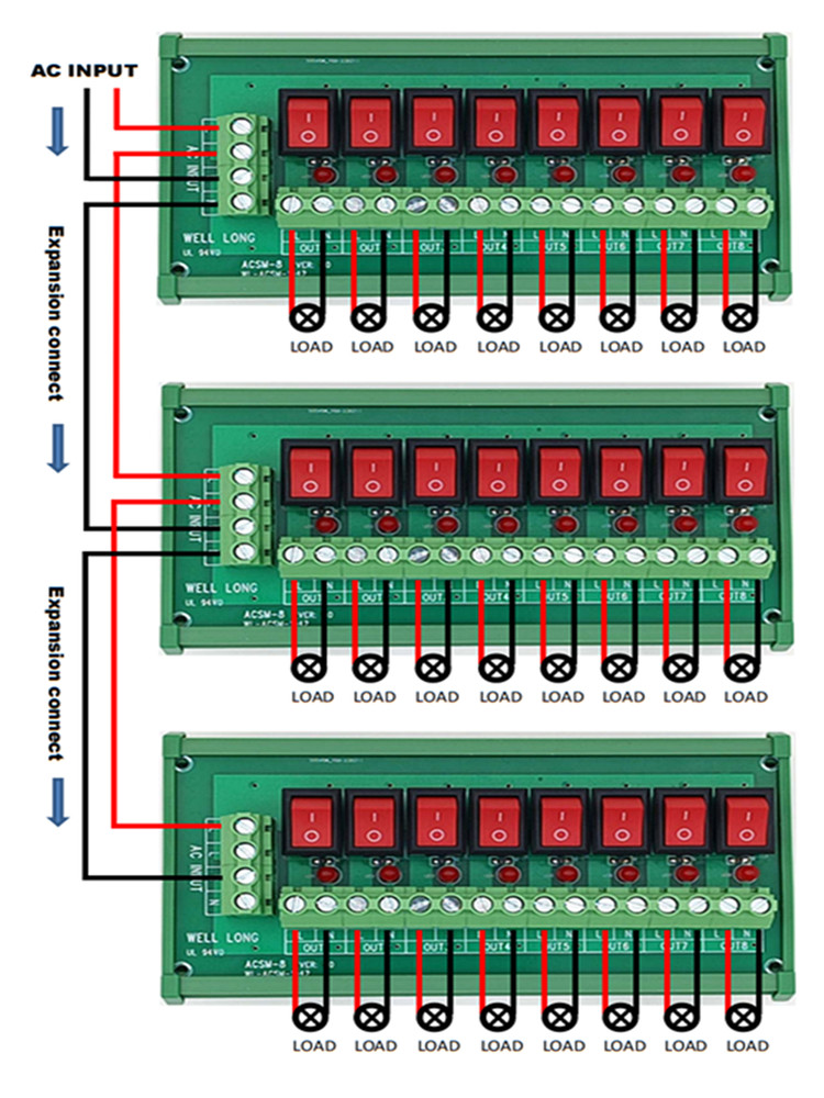 DIN Rail Mount 8 Channel Rocker Switch Power Distribution Strip Module AC125V