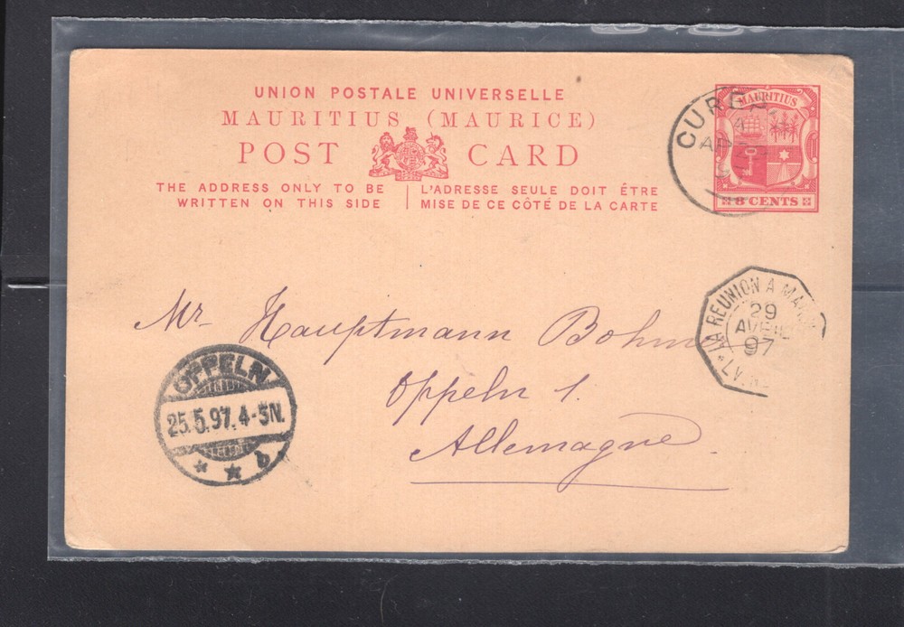 Mauritius  postal  card  ,  to  Germany   1897