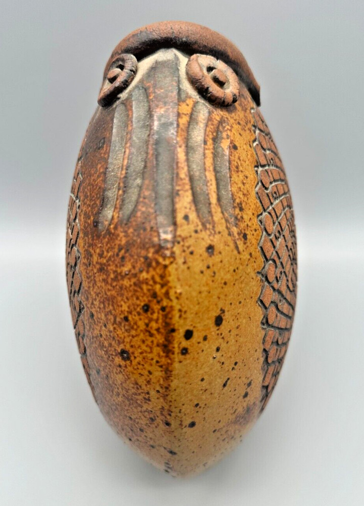 Brown Earthenware Vase Two Fish Geometric Design Unique 8.5” Diameter