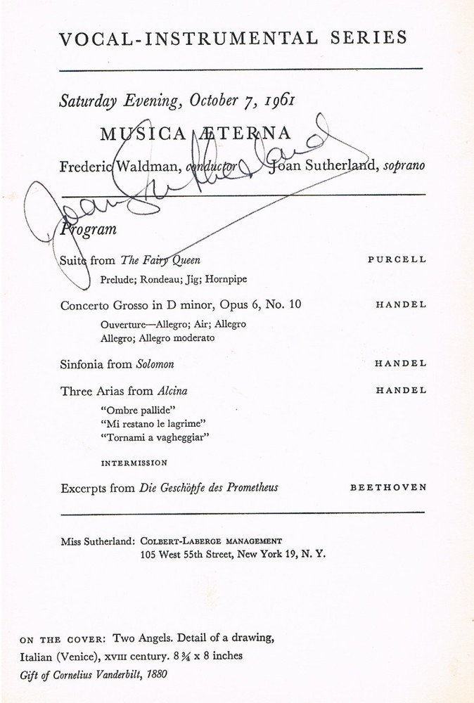 Joan Sutherland, soprano-1961 autographed NY program-Baroque concert