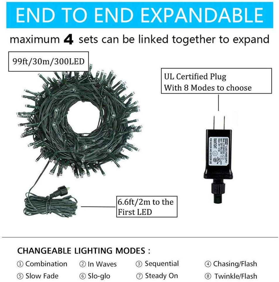 Christmas Lights Outdoor Indoor String Lights 105FT 300LED 8Mode Memory Function