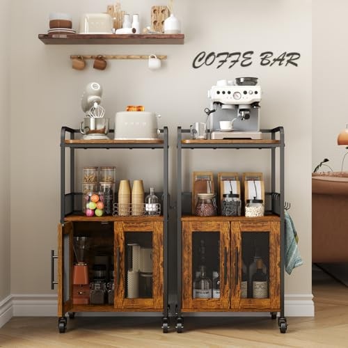 Small Coffee Bar Cabinet with Storage, 3-Tier Rolling Coffee Bar Table, Medium