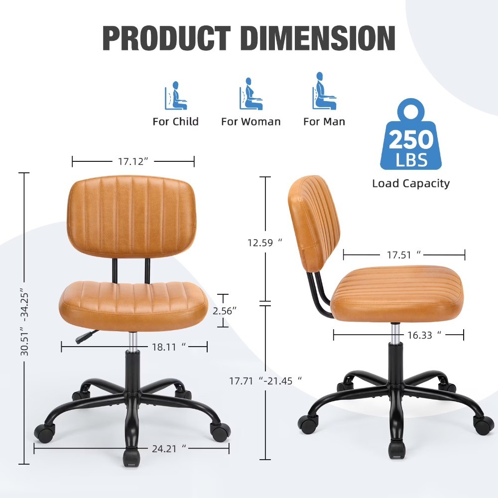 Small Armless Office Desk Chair with Comfy Lumbar Support