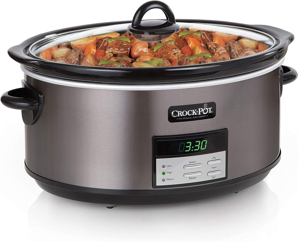 8-Quart Programmable Slow Cooker with Auto Warm, Black Stainless Steel