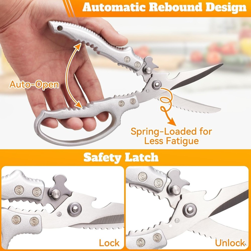Multi-Purpose Poultry Shears: Spring-Loaded Kitchen Scissors with Safety Lock