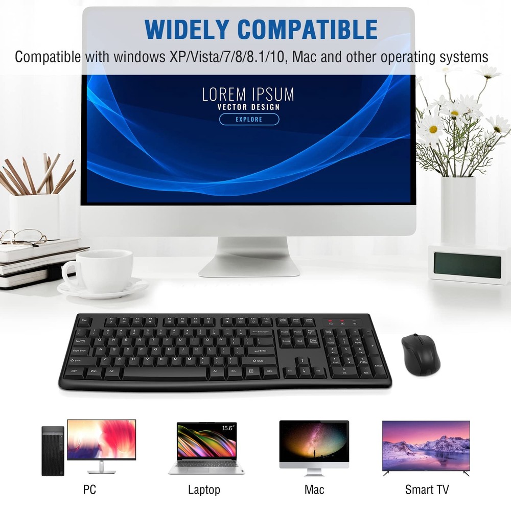 Full-Sized 2.4GHz USB Wireless Keyboard Optical Mouse for PC Desktop
