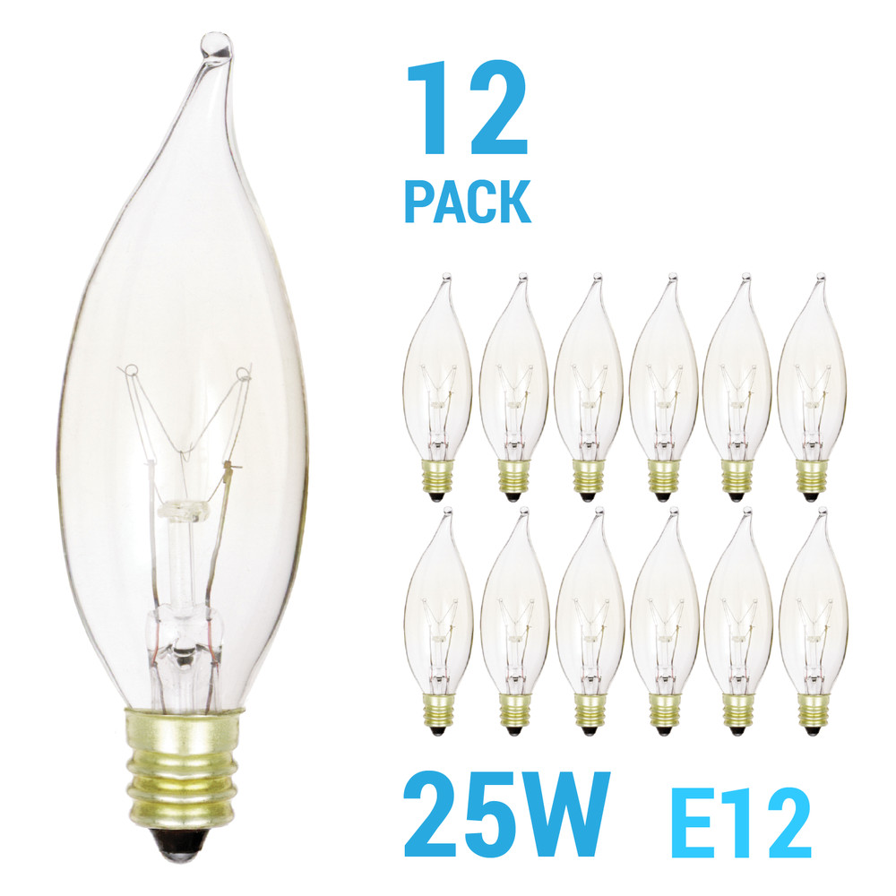 12 Pack 25CFC Chandelier Bulbs 25W Watt 120V CA8 Flame Tip Candelabra E12 Clear