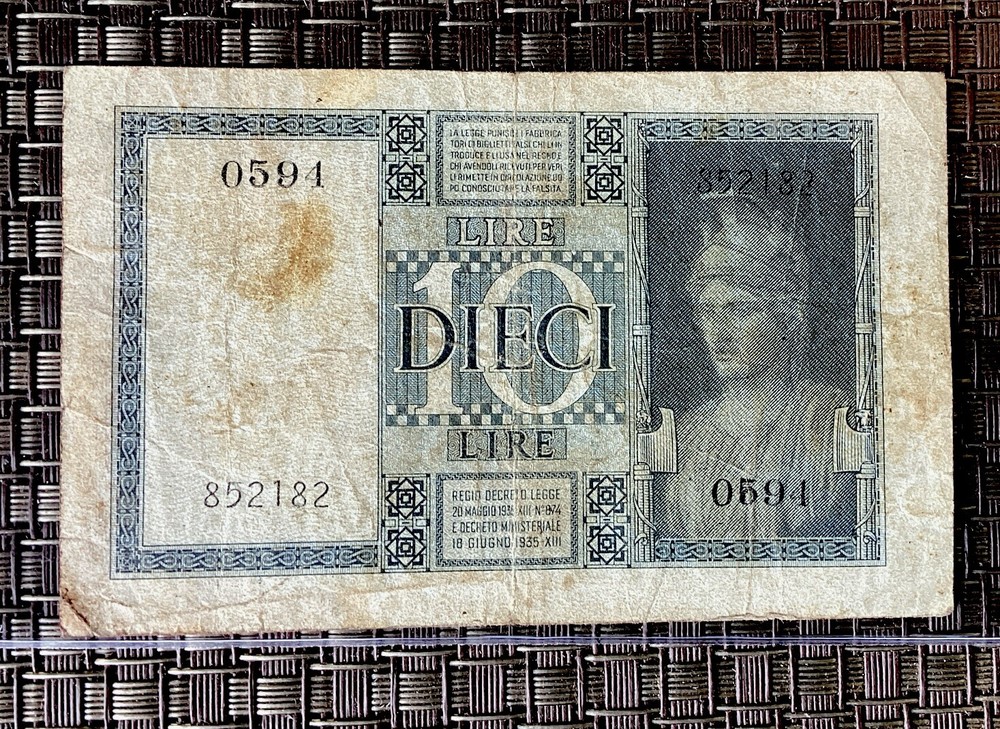 1939 Italy 10 Lire Small Note