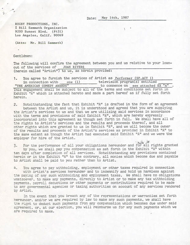 JOAN RIVERS - DOCUMENT SIGNED 05/14/1987