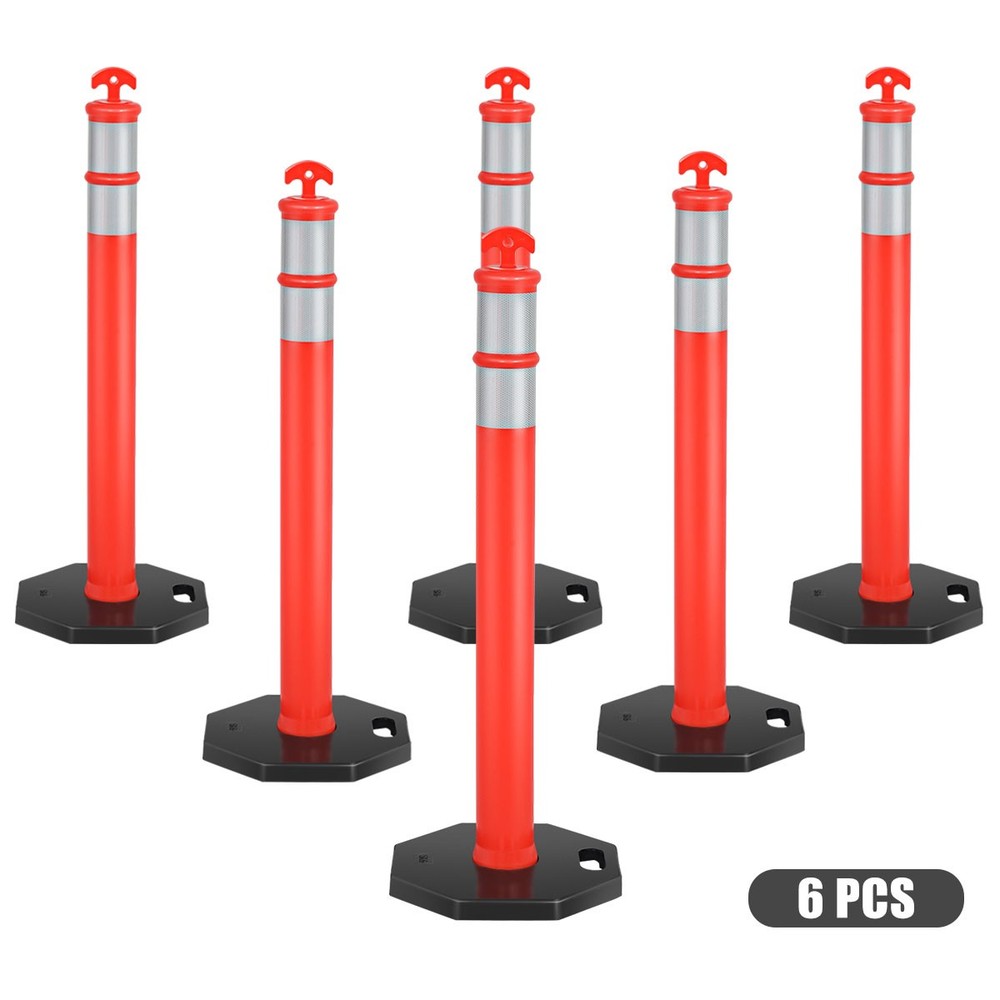 6 Pack 45" Orange Traffic Delineator Post Cone w/ Rubber Base & Reflective Bands