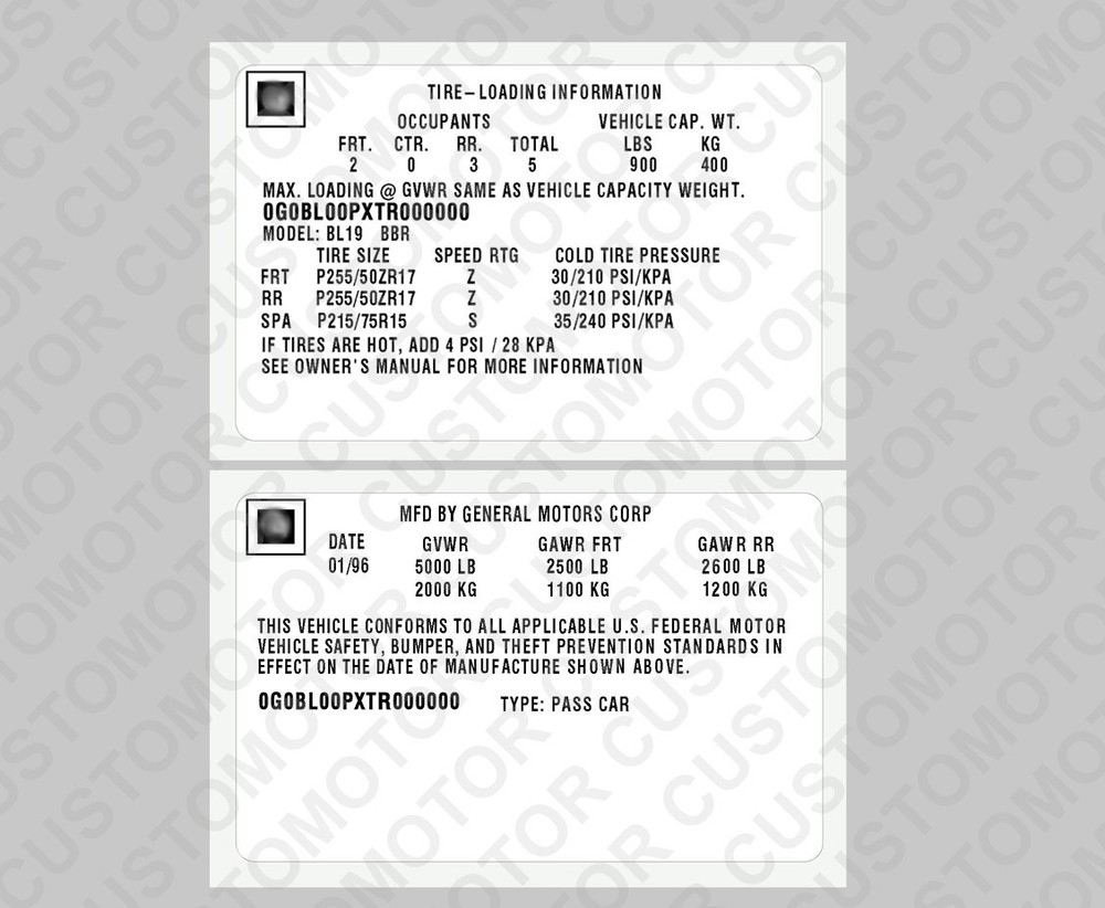 Duplicate Info & TIRE LOADING Info Custom Labels Stickers for GM 1996
