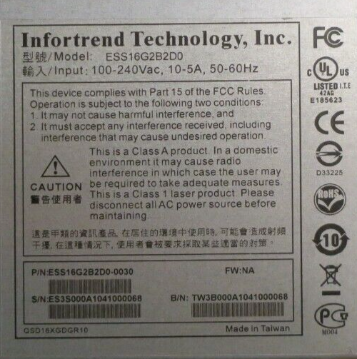 Infortrend ESDS S16S-G2240 16-Bay 3U Disk Storage System + Single Controller