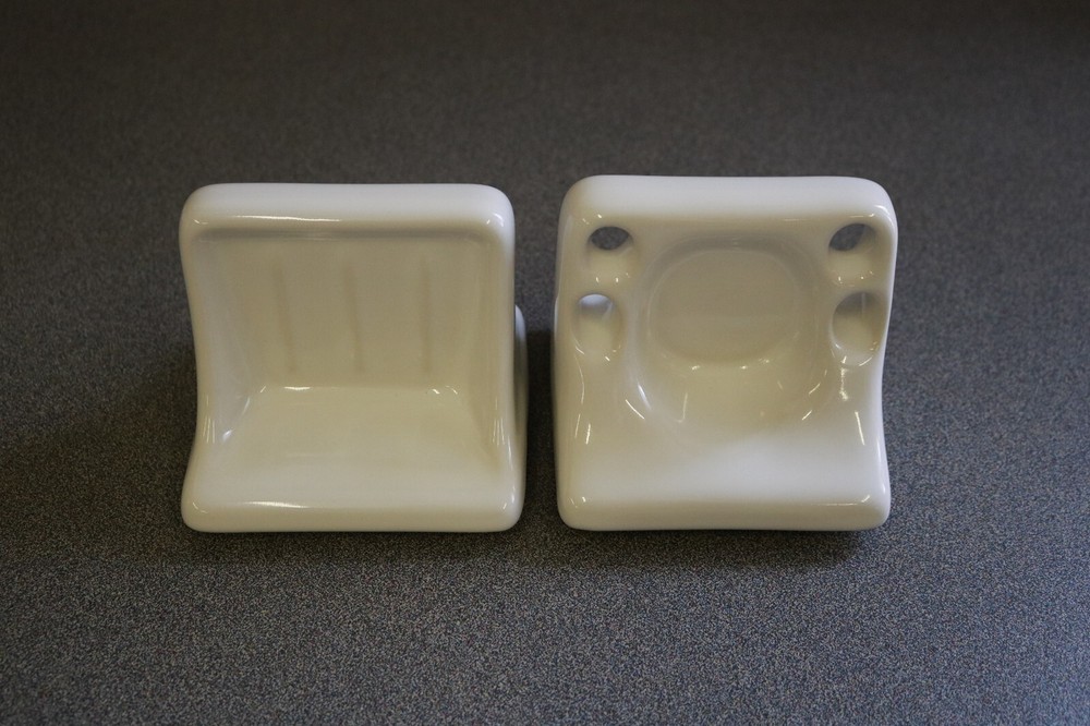 ACP Thin-Set Glossy White Ceramic Soap Dish & Toothbrush Holder Bathroom Set