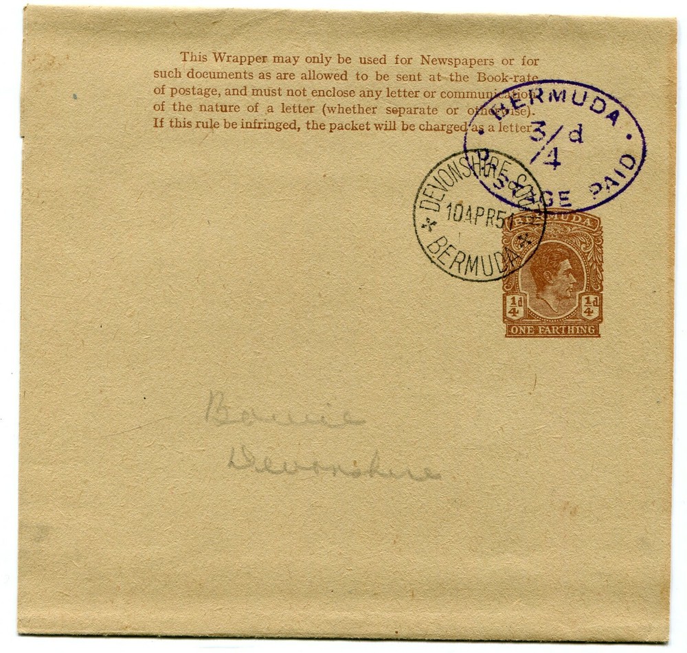 Bermuda KGVI 1951 ¼d+¾d postal stationery wrapper H&G E.9J CTO Devonshire S. 'B'