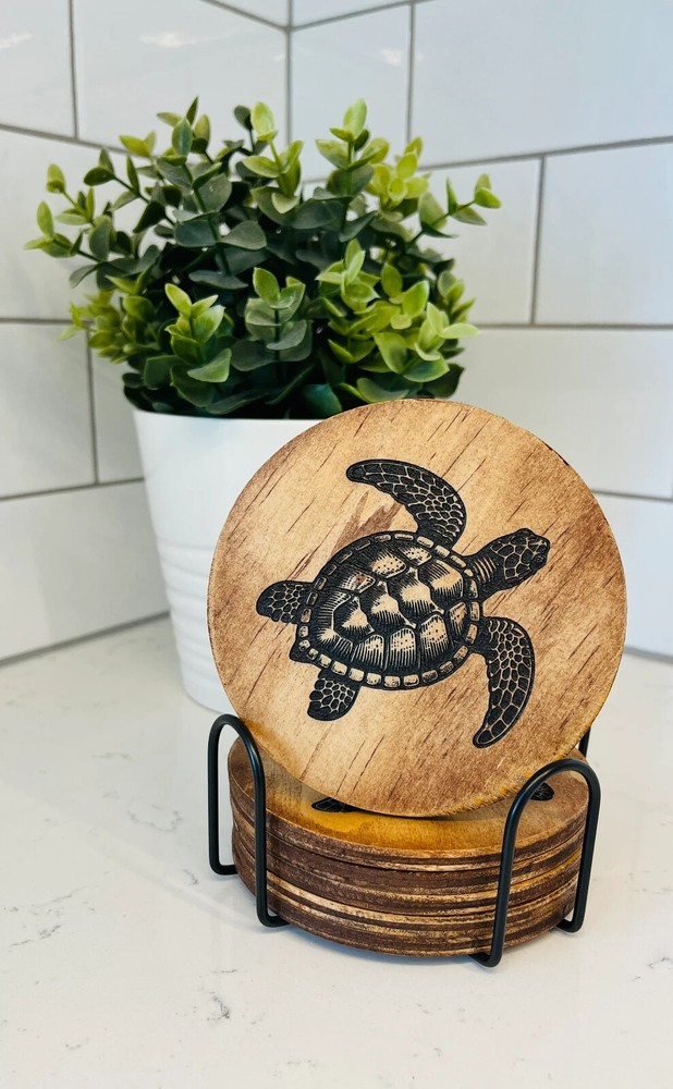 Laser Engraved Turtle Wood Coaster Set with Holder