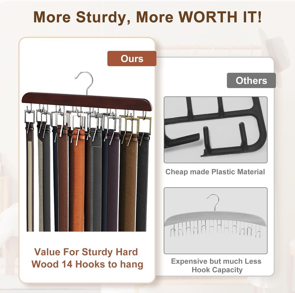 Compact Mahogany Belt Storage Solution with 14 Hooks – Elevate Your Closet Style