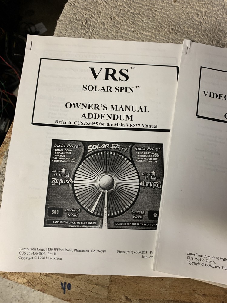 Solar Spin VRS System Set Lazer Tron ,,arcade Game Manual