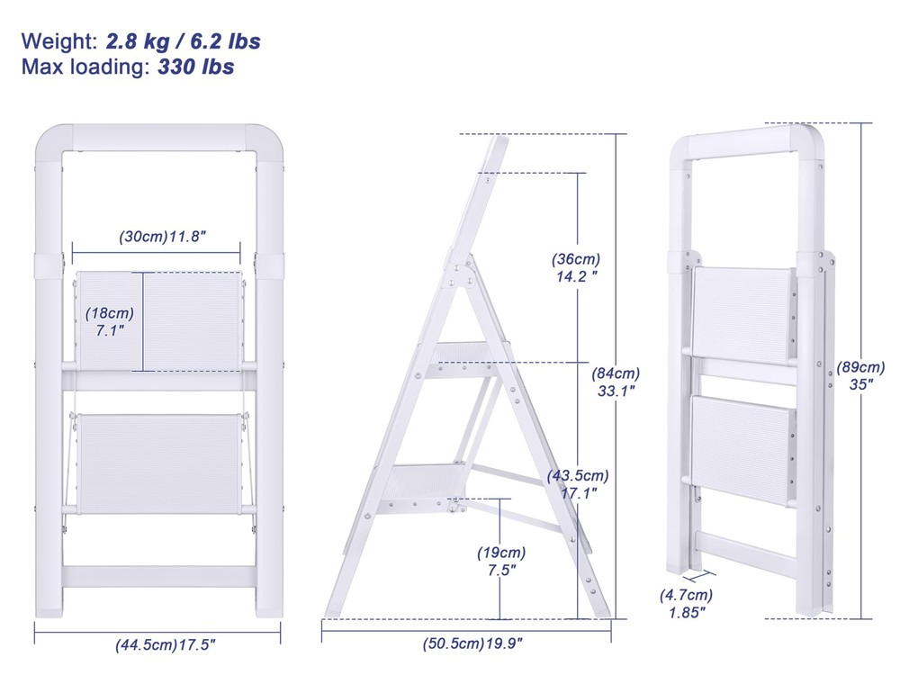 BIBKOKE Step Ladder Folding 2-Step White Finish 2 Step-standard,