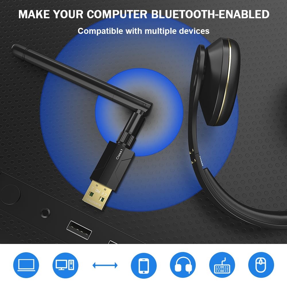 USB Bluetooth 5.1 Adapter for Desktop PC: Long Range 300FT BT, black