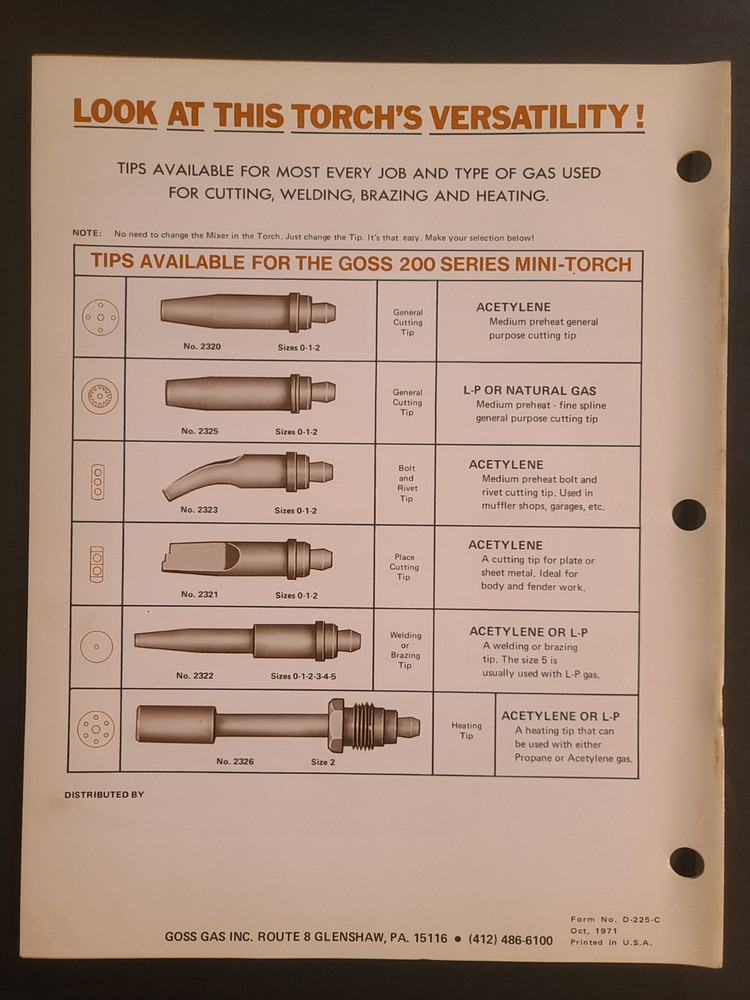 1971 Goss Torches & Tips 14 Page Catalog