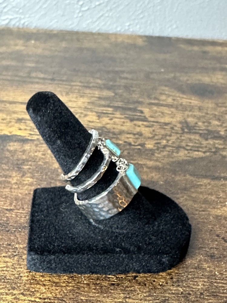 BARSE Sterling Silver Hammered Band Turquoise Rectangle Charm Stacking Ring Set
