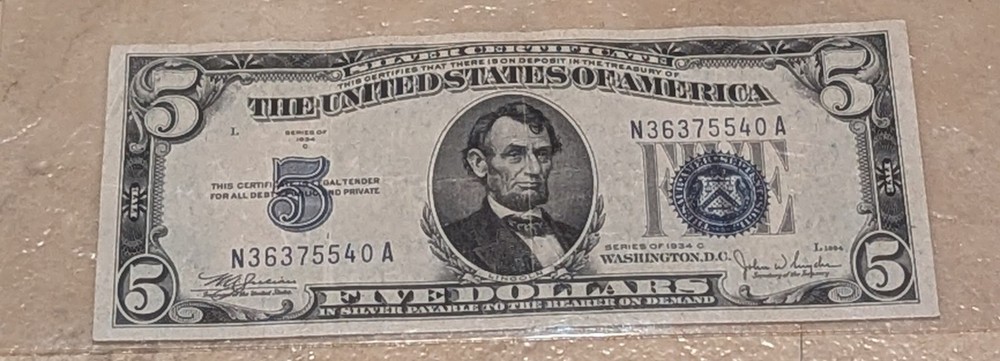 $5 1934-C Five Dollar Note Bill Silver Certificate!!!!!!540