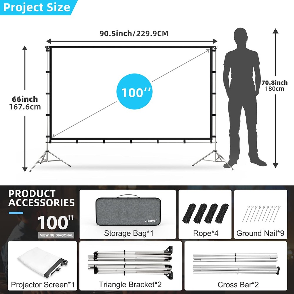 Projector Screen with Stand, 100 inch Portable Foldable Projection Screen wit...