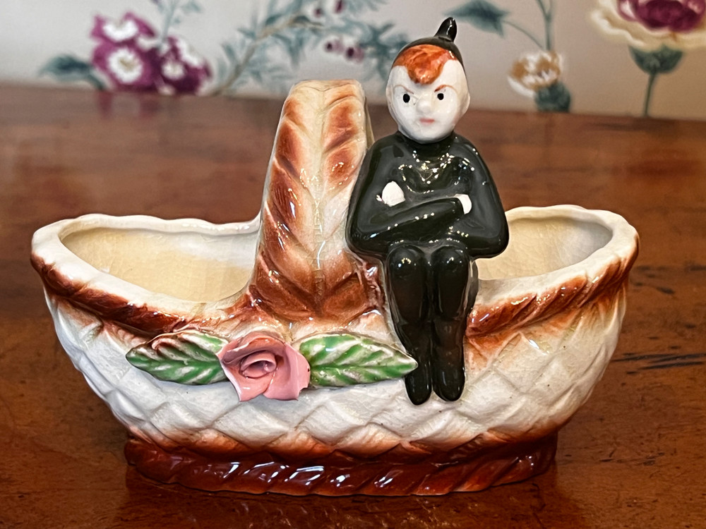 Vintage MCM Springtime Pixie Elf Ceramic Basket Planter Japan