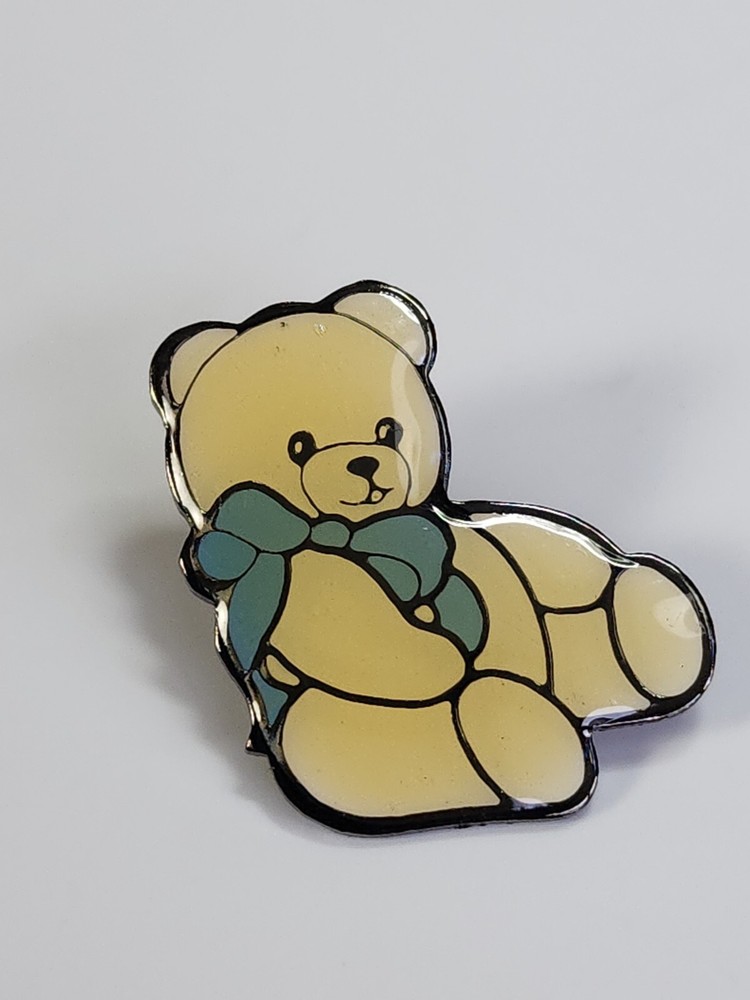 White Teddy Bear With Blue Bow Lapel Pin