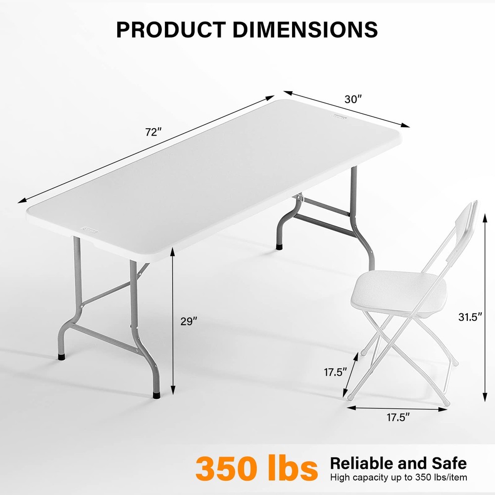 6 FT Plastic Folding Table Set with 8 White Folding Chairs for Picnic