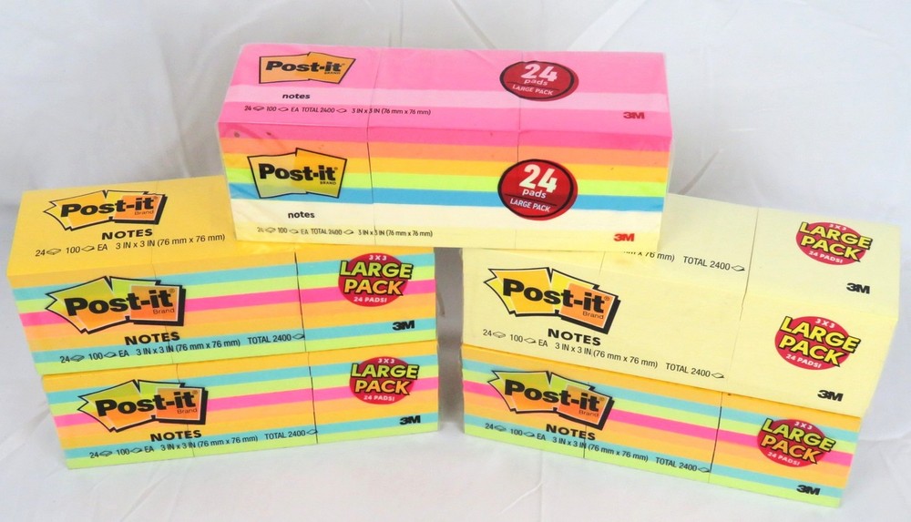 5 Packs Post-it Notes,3”x3”, Yellow/Assorted Bright Colors,100 Sheets,24 Pads ea