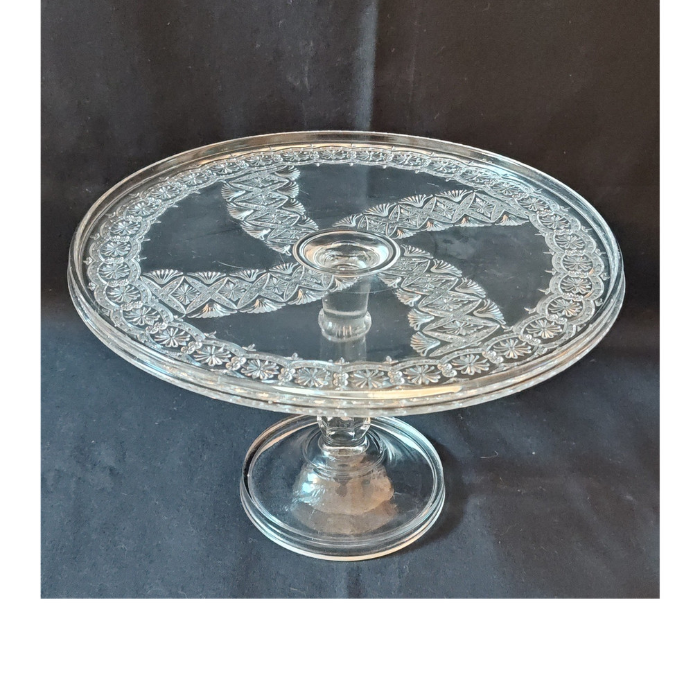 Clear Pattern Glass Cake Stand Round Diagonal Band, Antique Late 1800's