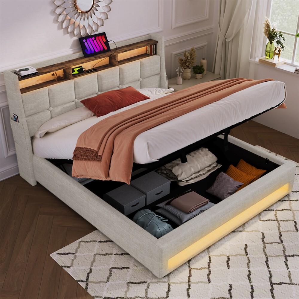 Queen Size LED Bed Frame Upholstered Platform Bed w/ Hydraulic Storage System