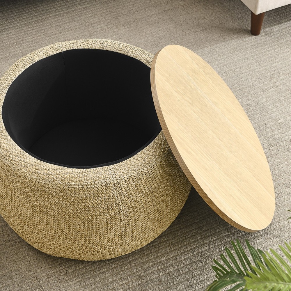 Round Storage Ottoman 2 in 1 Function Work as End Table Natural