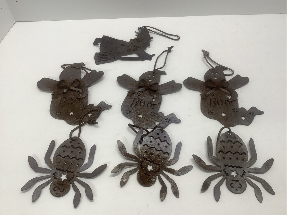 7 Rusty Tin Halloween Ornaments Ghosts Spiders Witch Primitive Rustic