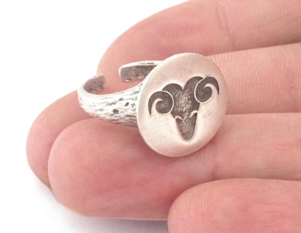 Ram Aries Horoscope Bark Textured Adjustable Ring Silver plated brass 4864