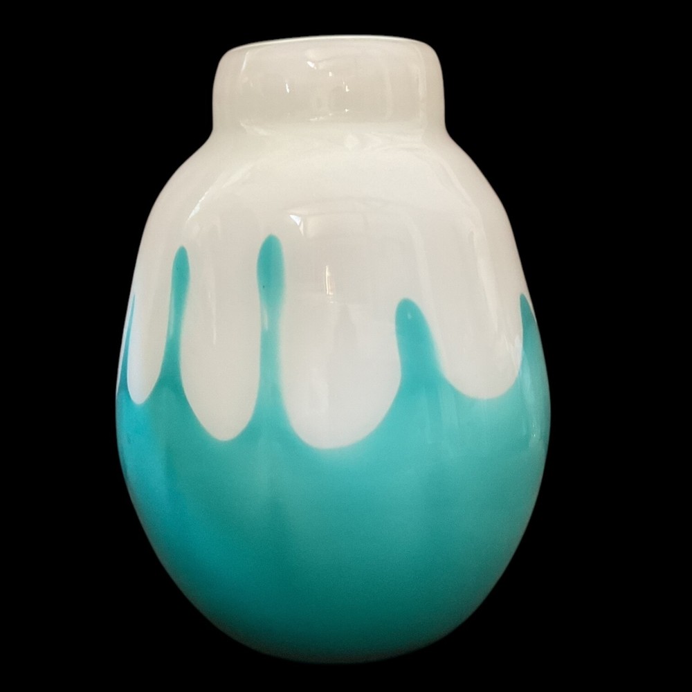 Stunning Turquoise Reverse Drip 8" Art Glass Vase