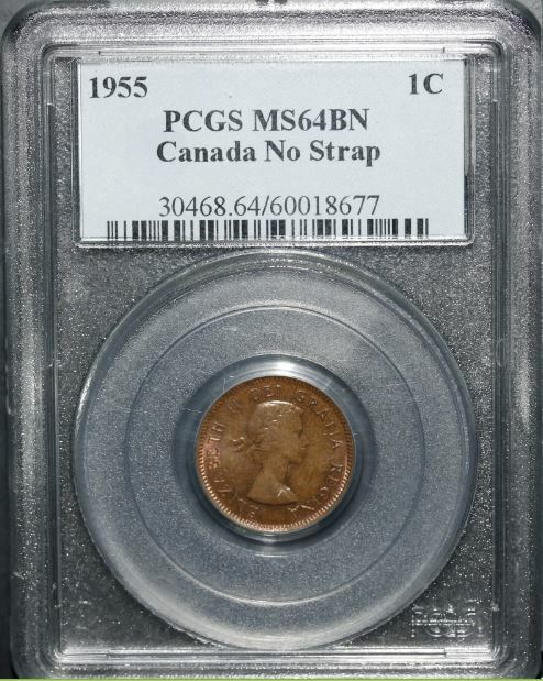 1955 Canada 1 Cent No Strap(NSF) PCGS MS64 BN. Extremely Rare Canada Small Cent