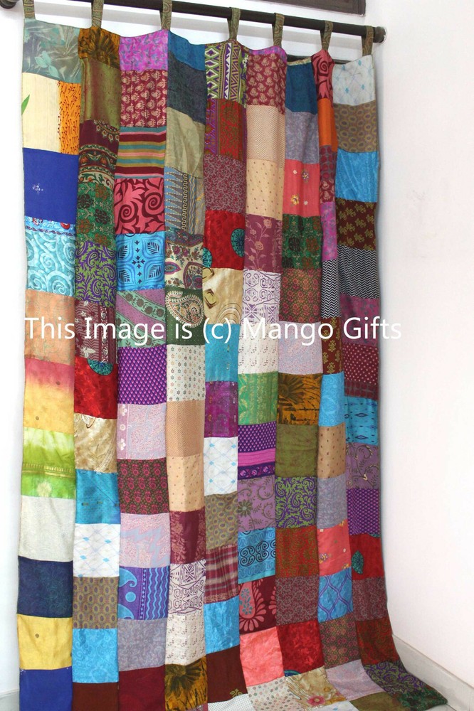 Indian Old Sari Patchwork Curtain Door Drape Boho Silk Saree Curtain Multi 4 Pcs