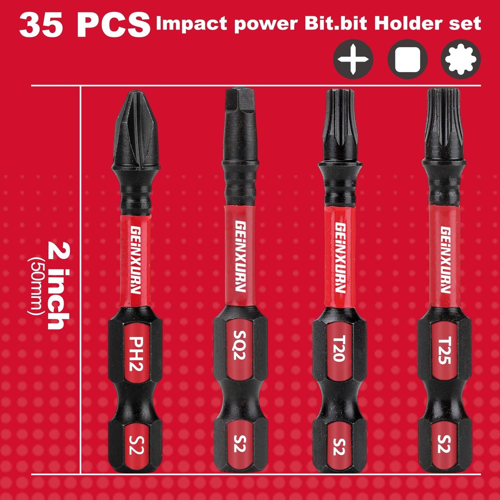 GEINXURN Impact Tough Phillips Square Torx 2 in. Insert Driver MIXED-35PC