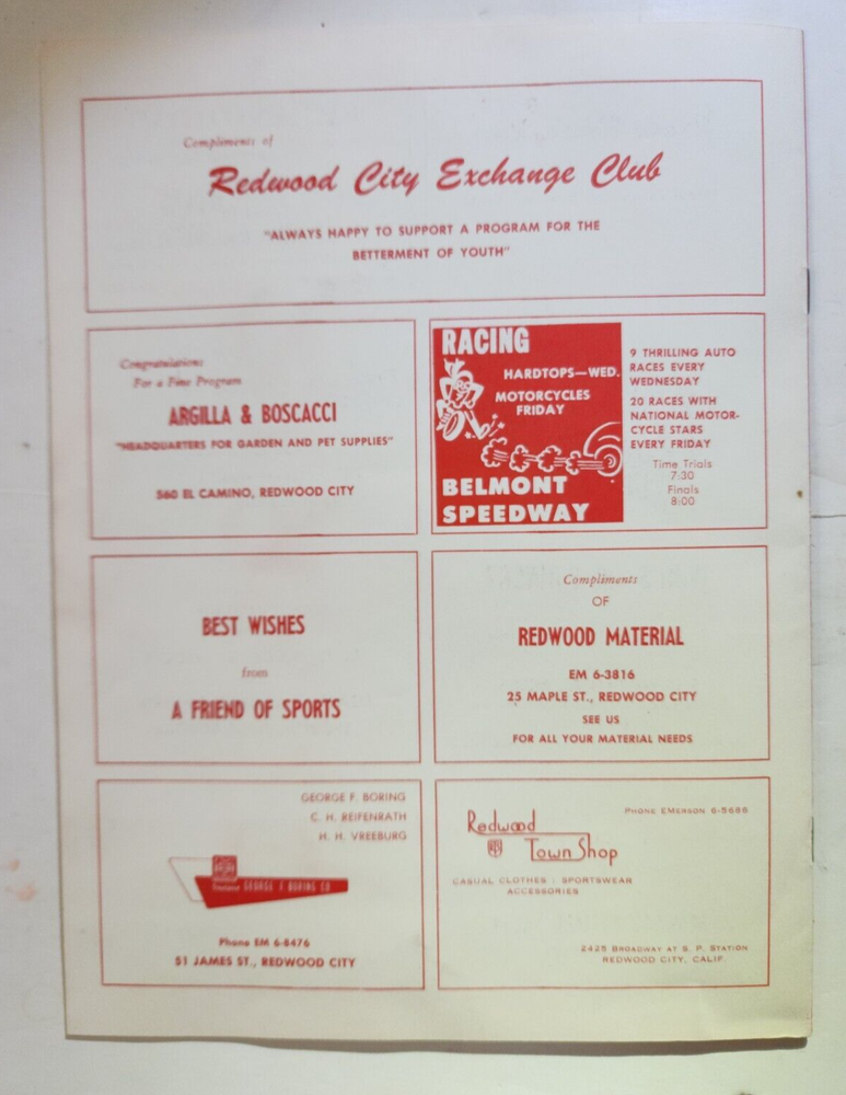 1954 SECOND ANNUAL SEQUOIA INVITATIONAL TRACK / FIELD PROGRAM - Redwood City Cal
