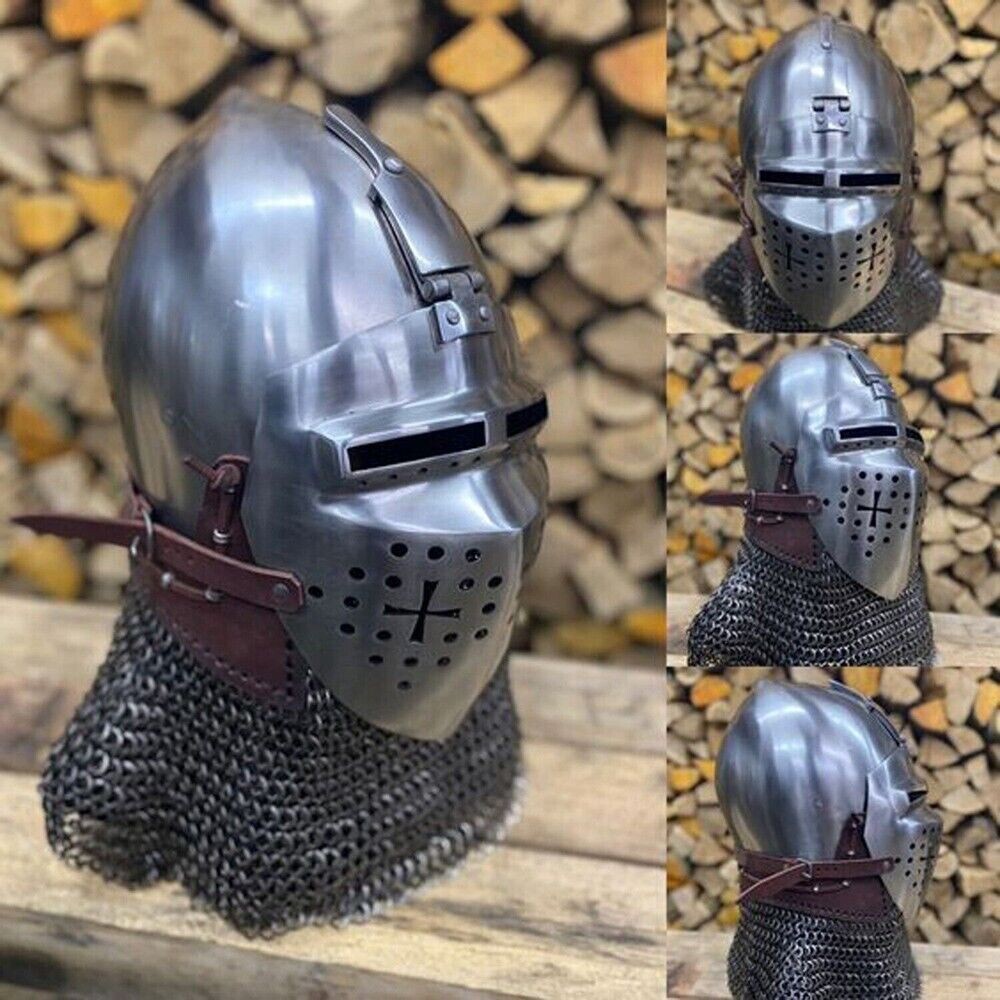 Medieval German Bascinet Monkey face 16 Gauge With Chain Mail Helmet 15th centur