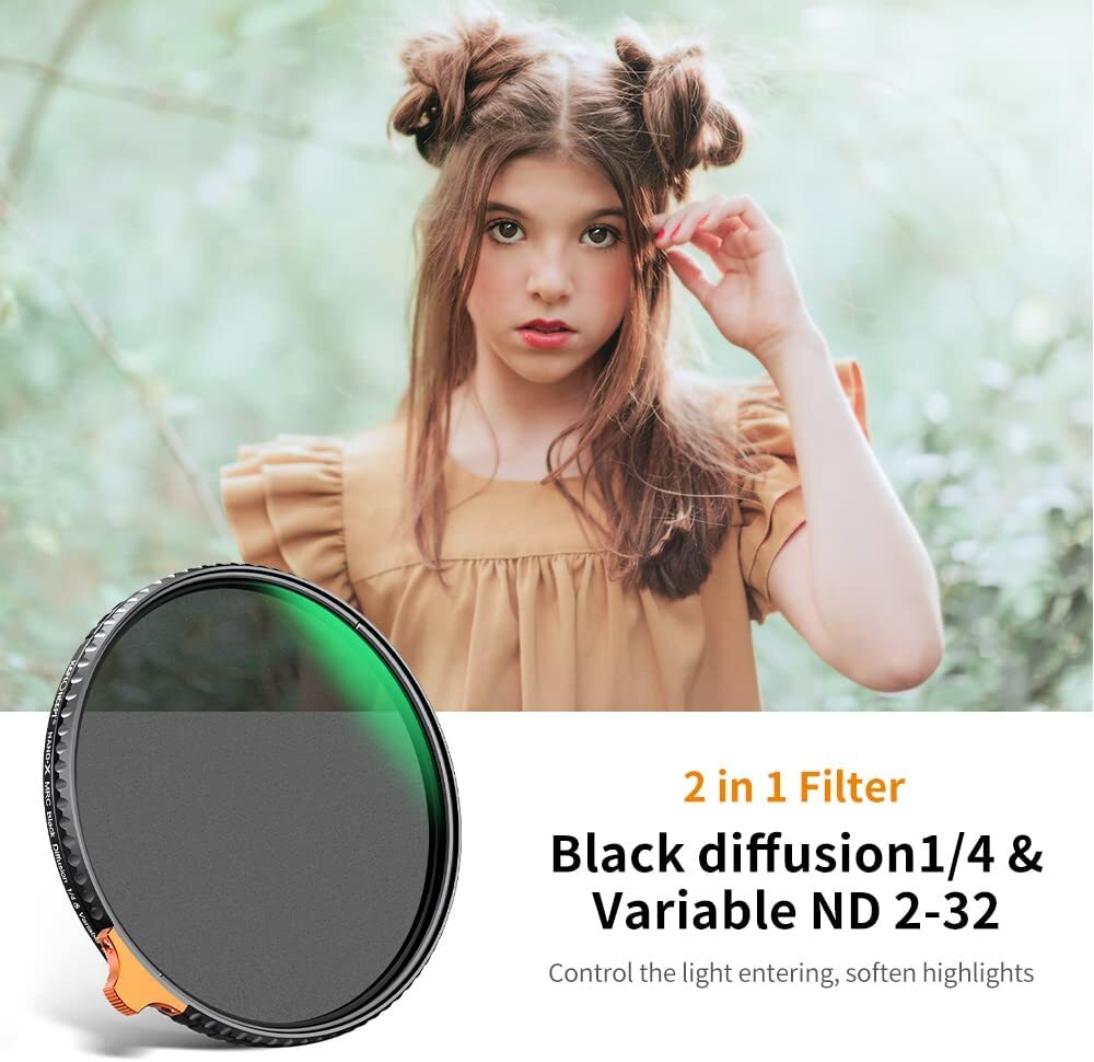 49mm 2-in-1 Camera Lens Filter Black Diffusion 1/4 Effect & Variable ND2-ND32 ND