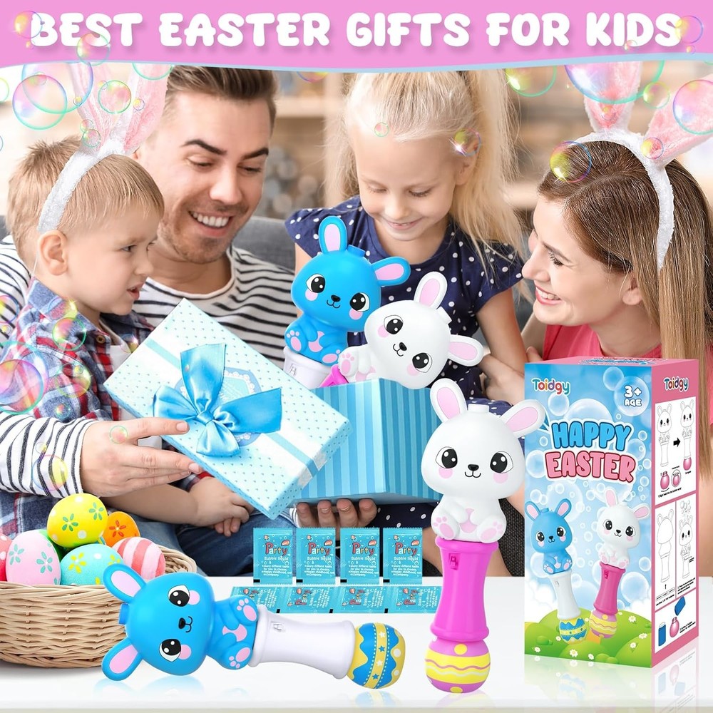Easter Bunny Bubble Wand 2 Pack, Automatic Bubble Machine Gun for Kids, Light Up