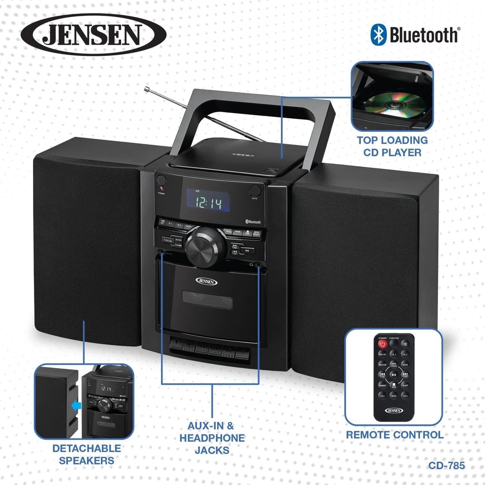 Bluetooth Portable CD System with Cassette Player FM Radio Stereo Speaker
